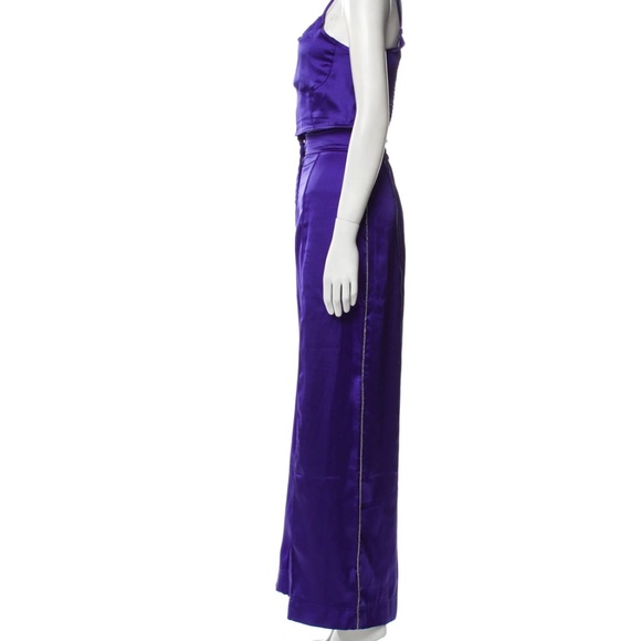 House of Harlow SET Crystal Satin Crop Top Wide Leg Pants Purple M Rhinestone - Picture 2 of 8